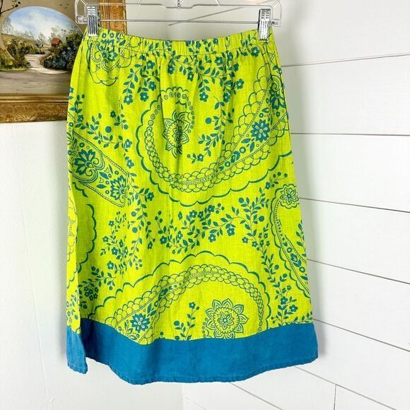 Flax Linen Midi Skirt Size Small Floral Lime Blue Lagenlook Pull On Pockets - Picture 1 of 6